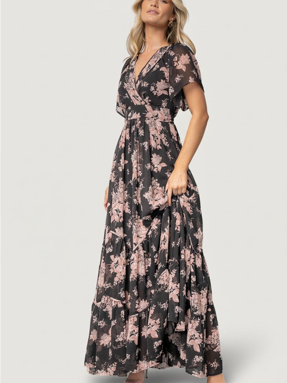 Baltic BornKatherine Maxi Dress Floral Wrap Maxi Dress in Black and Blush size S
